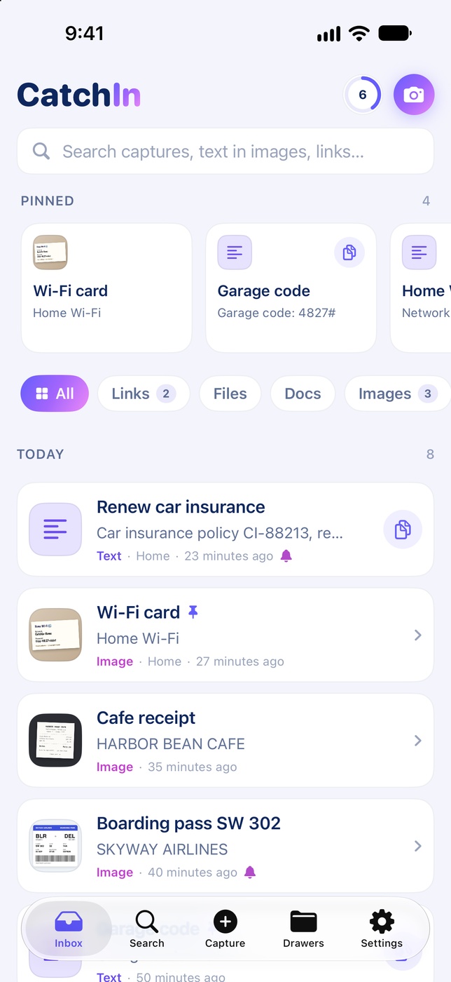 CatchIn inbox with pinned Wi-Fi card, Garage code and recent captures