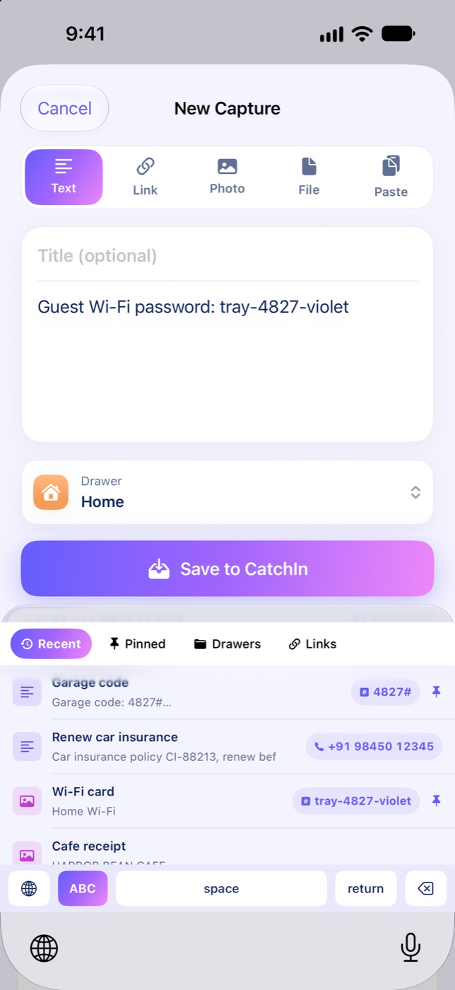 CatchIn keyboard inserting a saved Wi-Fi password