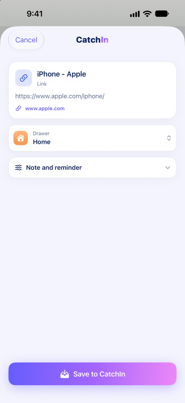 CatchIn share extension saving an apple.com link into the Home drawer