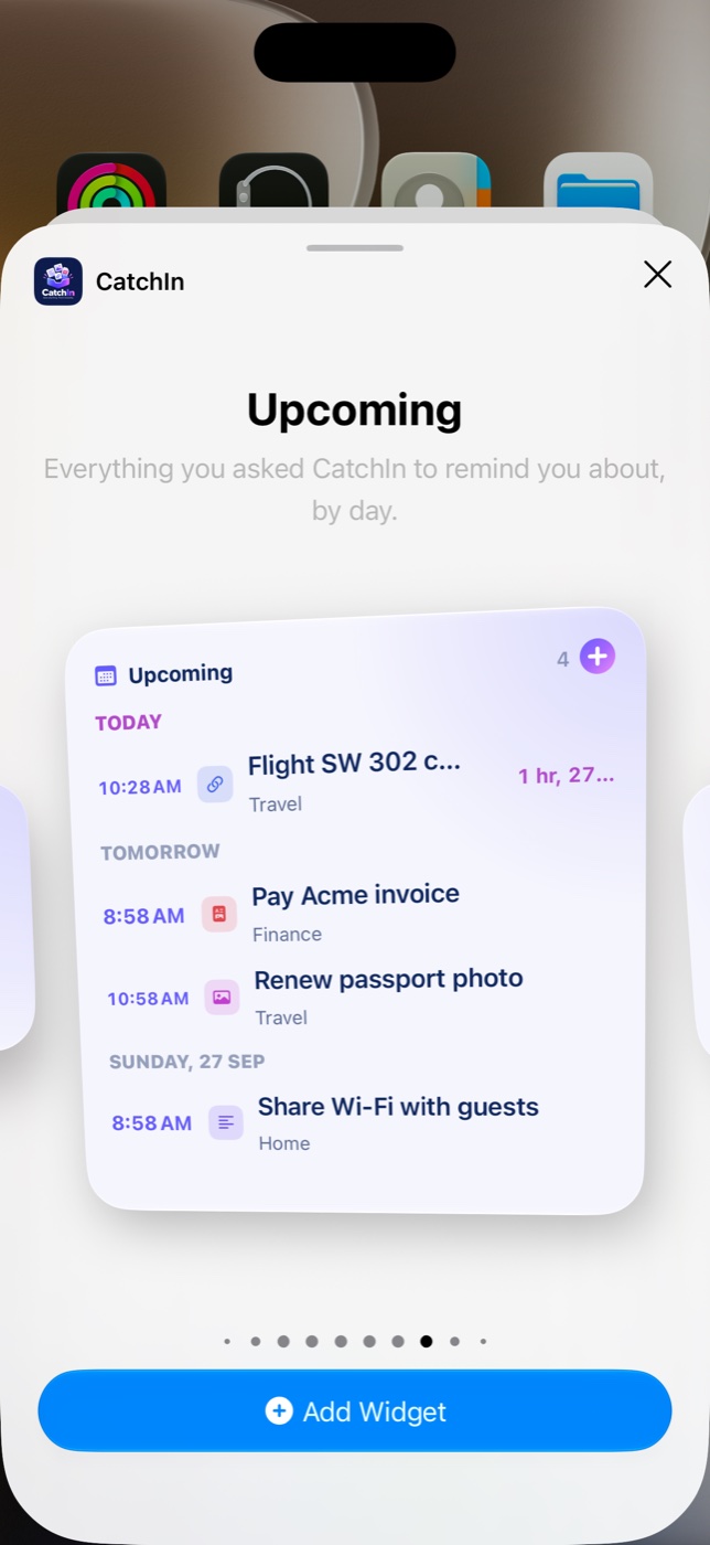 Upcoming widget listing reminders by day