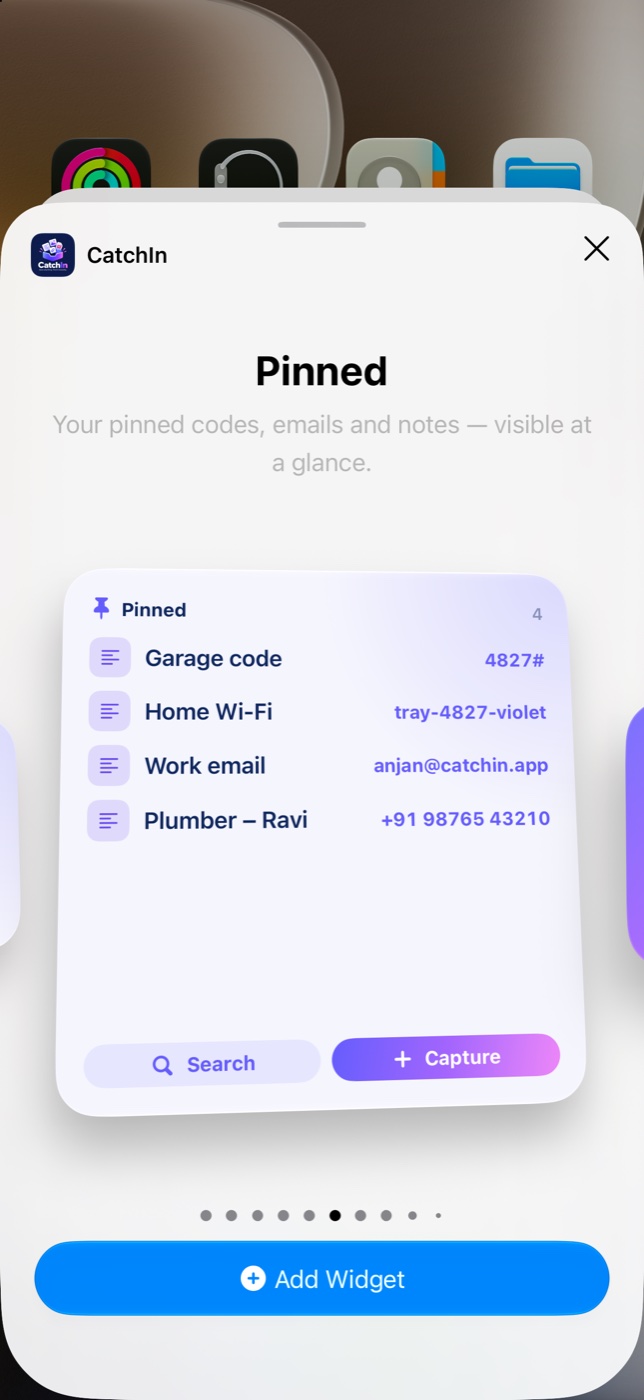 Pinned widget showing a garage code, Wi-Fi password, email and phone number